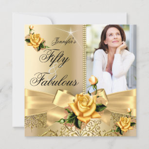 50 & Fabulous Photo Gold Yellow Rose Bow Birthday Invitation