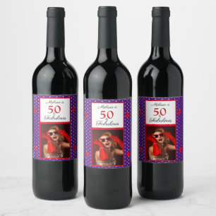 50 & Fabulous Photo Name Red 50th Birthday Purple Wine Label