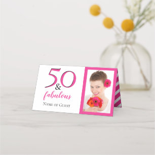 50 & Fabulous Photo Pink Chevron White Party Place Card