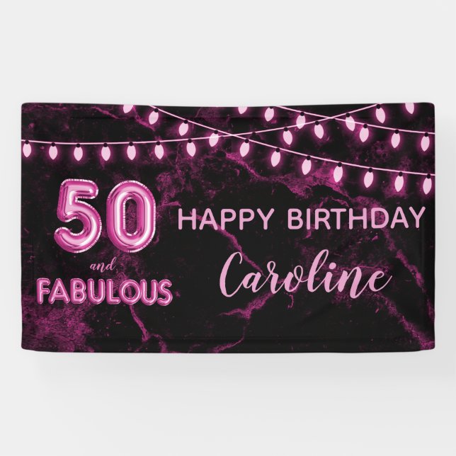 50 & Fabulous Pink & Black Balloon Lights Birthday Banner (Horizontal)