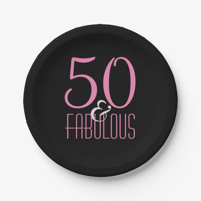 50 & Fabulous Pink Black | Elegant Birthday Party Paper Plate (Front)