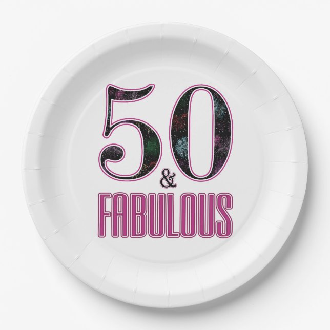 50 & Fabulous Pink Black Typography 50th Birthday Paper Plate (Front)