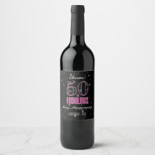 50 & Fabulous Pink Black Typography 50th Birthday Wine Label