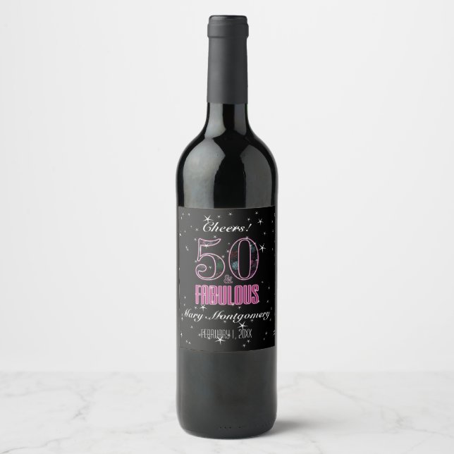 50 & Fabulous Pink Black Typography 50th Birthday Wine Label (Front)