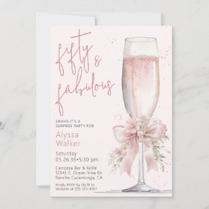 50 Fabulous Pink Champagne Glass Surprise Birthday Invitation