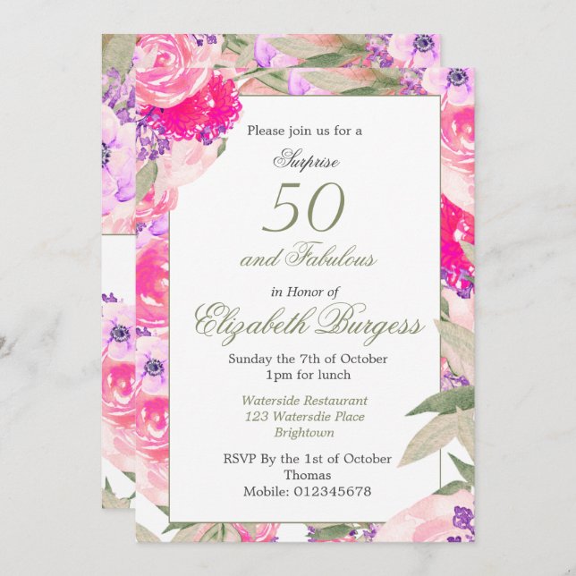 50 Fabulous Pink Floral Rose Chic Birthday Invitation (Front/Back)