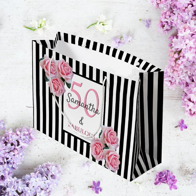 50 fabulous pink florals black white stripes large gift bag (Creator Uploaded)