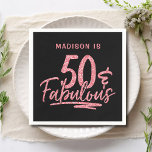50 & Fabulous Pink Glitter 50th Birthday Name Napkin<br><div class="desc">50 & Fabulous Pink Glitter 50th Birthday Sparkle Paper Party Napkins features the modern text design "50 & Fabulous" in pink glitter calligraphy script on a black background. Personalised with your custom name above by editing the text in the text box provided. Perfect for a 50th birthday party or celebration....</div>