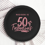50 & Fabulous Pink Glitter 50th Birthday Name Paper Plate<br><div class="desc">50 & Fabulous Pink Glitter 50th Birthday Sparkle Paper Party Plates features the modern text design "50 & Fabulous" in pink glitter calligraphy script on a black background. Personalised with your custom name above by editing the text in the text box provided. Perfect for a 50th birthday party or celebration....</div>