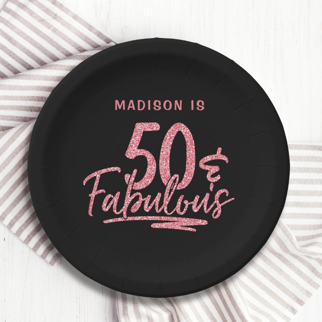 50 & Fabulous Pink Glitter 50th Birthday Name Paper Plate (Creator Uploaded)
