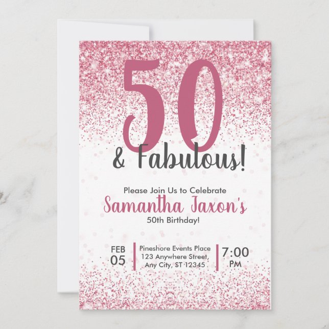 50 & Fabulous Pink Glitter Confetti Birthday Invit Invitation (Front)