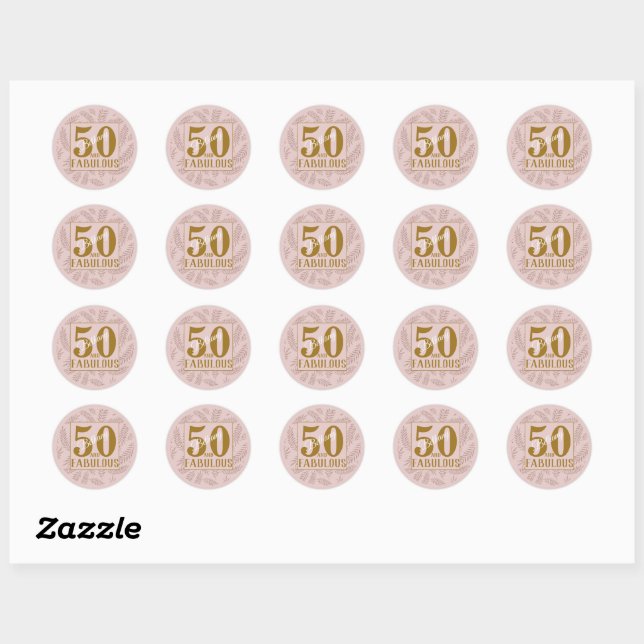 50 & fabulous pink glitter & gold typography classic round sticker (Sheet)