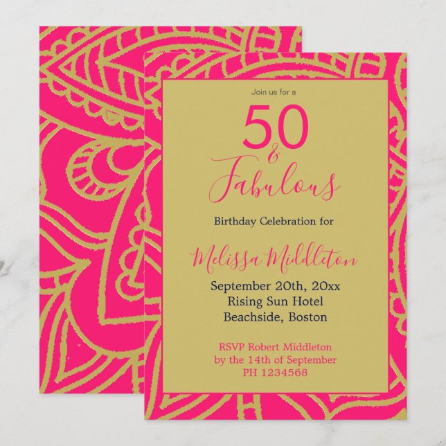 50 Fabulous Pink Gold Party Invitation (Front/Back)