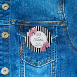50 fabulous pink roses black white stripes 6 cm round badge<br><div class="desc">Classic slim black and white vertical stripes as background. With girly, feminine and romantic pink roses as decoration. A white and black frame on front with template for name and date. With the text: 50 and fabulous. Black letters. Perfect as a 50th birthday favor or as a save the date...</div>