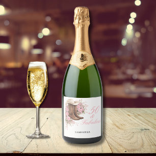 50 & Fabulous Pink Western Floral 50th Birthday Sparkling Wine Label