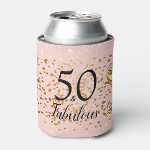 50 & Fabulous Pink With Gold Confetti Can Cooler
