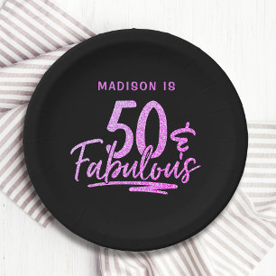 50 & Fabulous Purple Glitter 50th Birthday Name Paper Plate