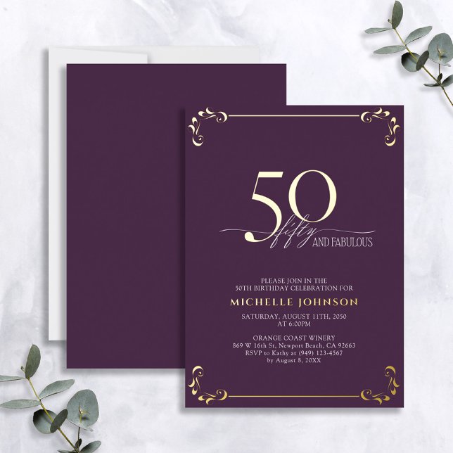 50 & Fabulous Purple & Gold Calligraphy Birthday  (Creator Uploaded)