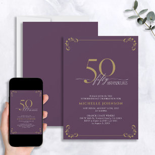 50 & Fabulous Purple & Gold Calligraphy Birthday Invitation