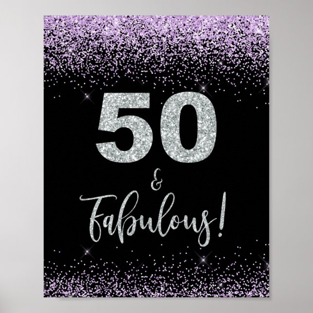 50 & Fabulous Purple & Silver Confetti Party Sign (Front)