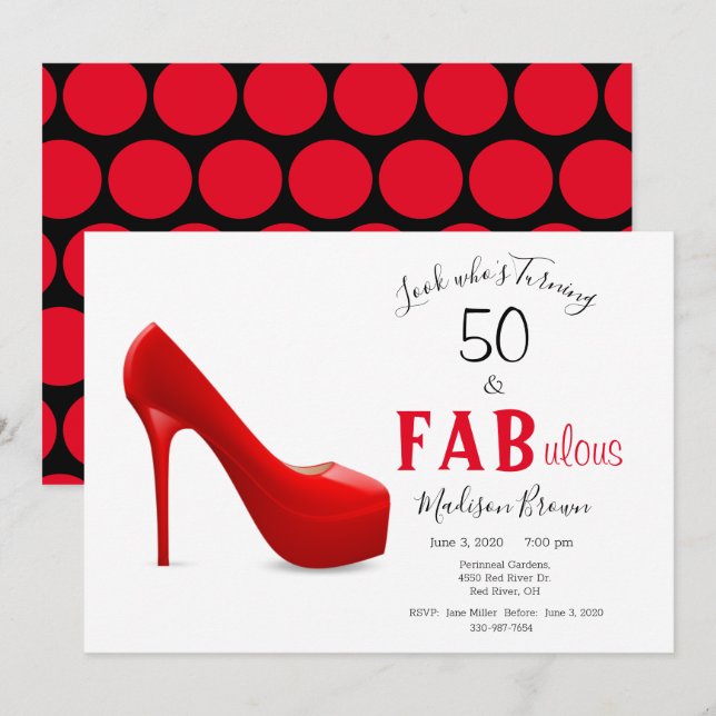 50 & Fabulous Red Black Girly Stilleto Birthday Invitation (Front/Back)