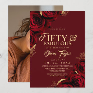 50 & Fabulous Red Black Gold Roses Birthday  Invitation