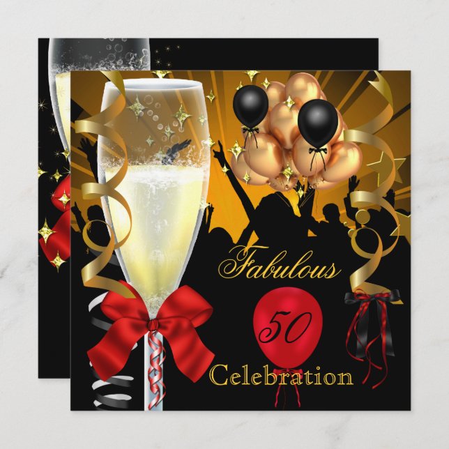50 & Fabulous Red Gold Black Birthday Party Invitation (Front/Back)