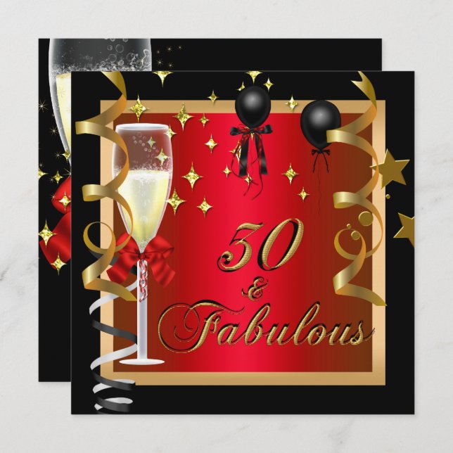50 Fabulous Red Gold Black Birthday Party Invitation (Front/Back)