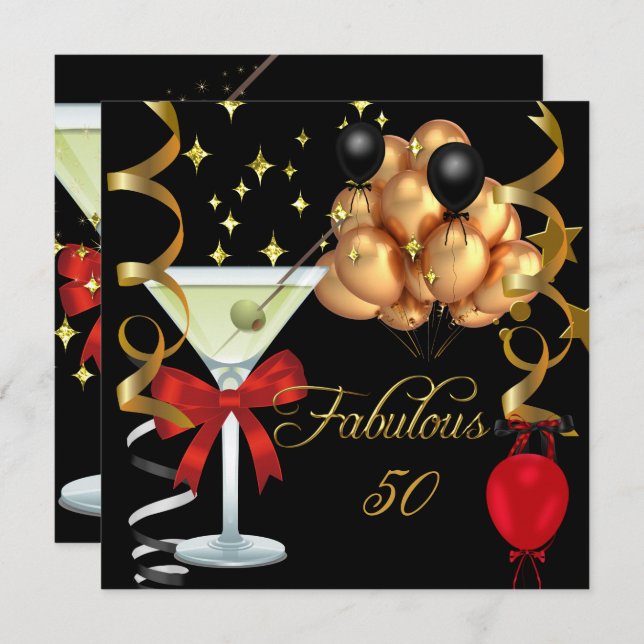 50 Fabulous Red Gold Black Martini Birthday Party Invitation (Front/Back)