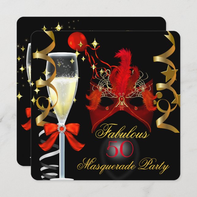 50 & Fabulous Red Gold Black Masquerade Party Invitation (Front/Back)