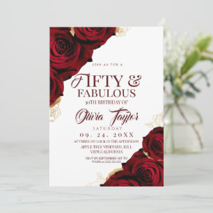 50 & Fabulous Red Rose Floral Elegant  Birthday  Invitation