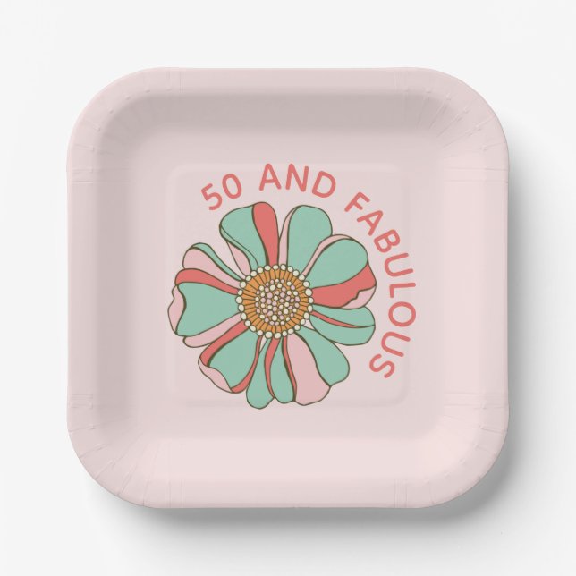 50 & Fabulous Retro Pink Floral Paper Plate (Front)