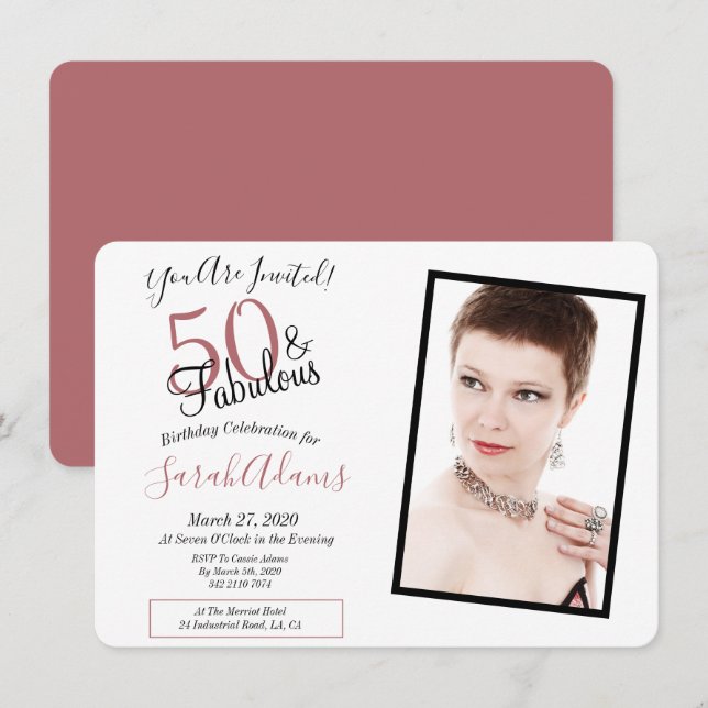 50 & Fabulous Rose Gold 50th Birthday Party Photo Invitation (Front/Back)