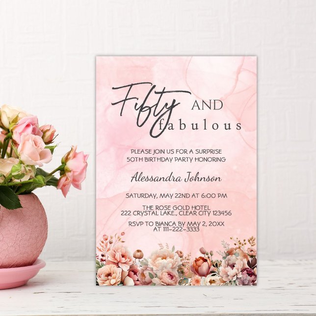 50 & Fabulous Rose Gold Floral 50th Birthday Invitation (Creator Uploaded)