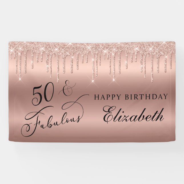 50 Fabulous Rose Gold Glitter Birthday Party Banner (Horizontal)