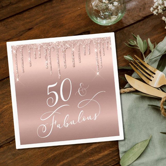 50 Fabulous Rose Gold Glitter Birthday Party Napkin (Creator Uploaded)