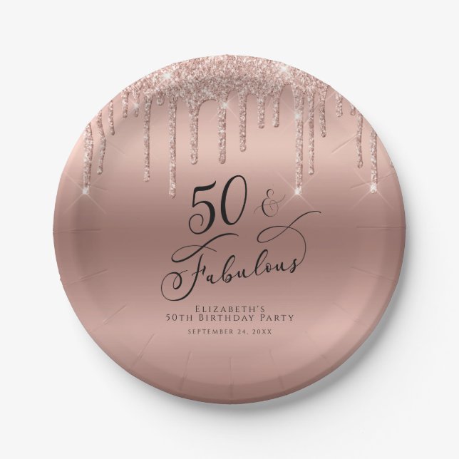 50 Fabulous Rose Gold Glitter Personalised Paper Plate (Front)