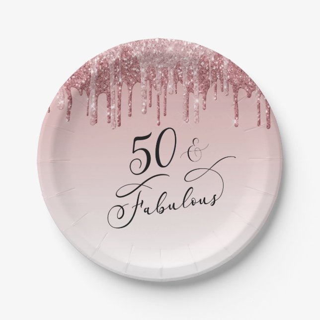 50 Fabulous Rose Gold Glitter Pink Birthday Party Paper Plate (Front)