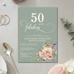 50 & Fabulous Sage Green Floral Birthday Invitation
