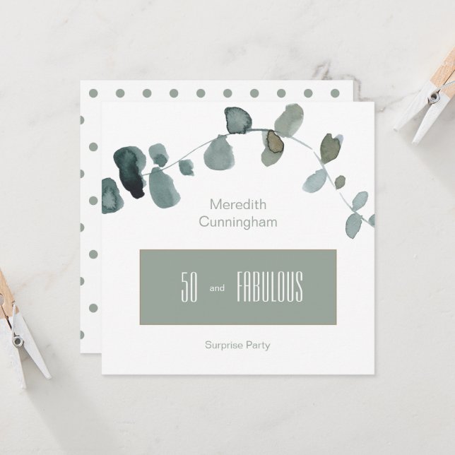 50 & Fabulous Sage Simple Birthday Square Invitation (Front/Back In Situ)