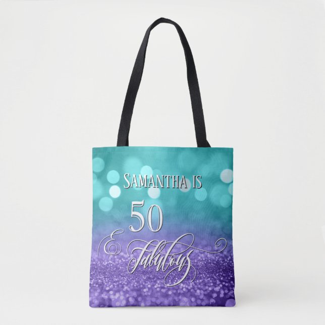 50 & Fabulous Script Sparkling Teal Purple Ombre Tote Bag (Front)