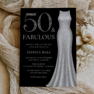 50 & Fabulous Silver Sparkle Dress 50th Birthday Invitation