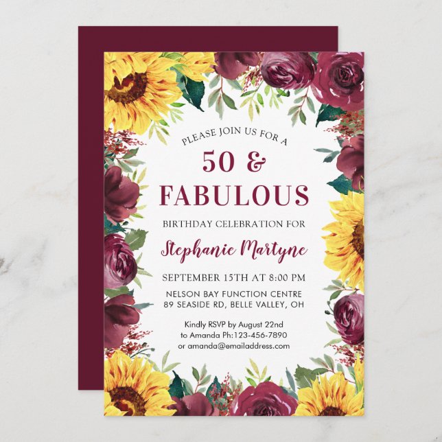 50 & Fabulous Sunflower Burgundy Rose Birthday Invitation (Front/Back)