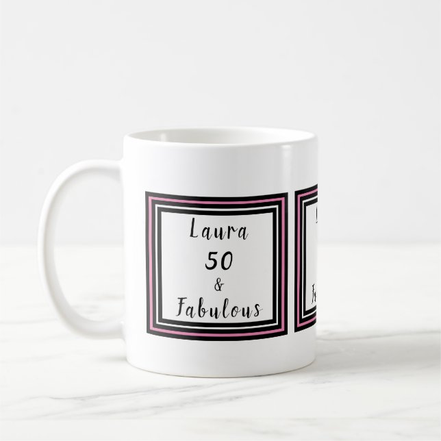 50 & Fabulous Typography Customise Pink Black Coffee Mug (Left)