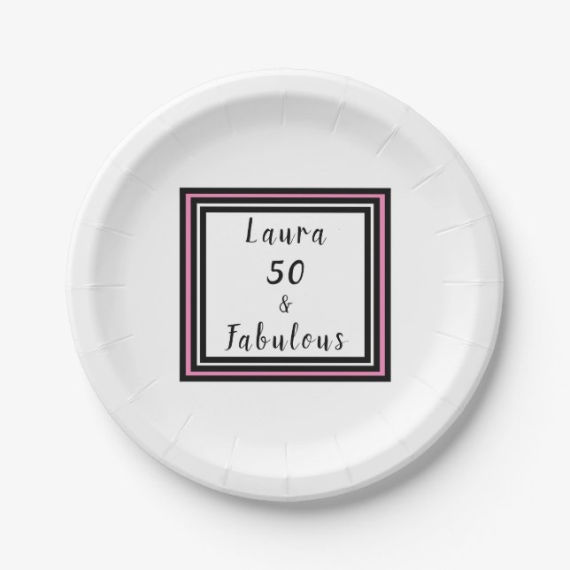 50 & Fabulous Typography Pink Black Paper Plate (Front)