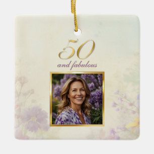 50 & Fabulous Vintage Purple Gold Floral Birthday Ceramic Ornament