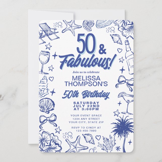  50 & Fabulous Whimsical Hand Drawn Birthday Invitation (Front)