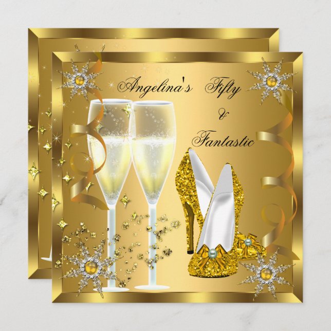 50 & Fantastic Champagne Heels Gold Snowflakes Invitation (Front/Back)