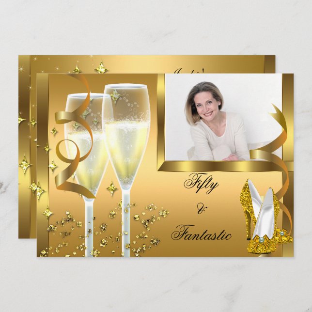 50 & Fantastic Elegant Champagne Heels Gold Photo Invitation (Front/Back)