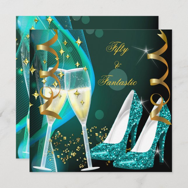50 & Fantastic Fabulous Gold Teal Glitter Shoes Invitation (Front/Back)